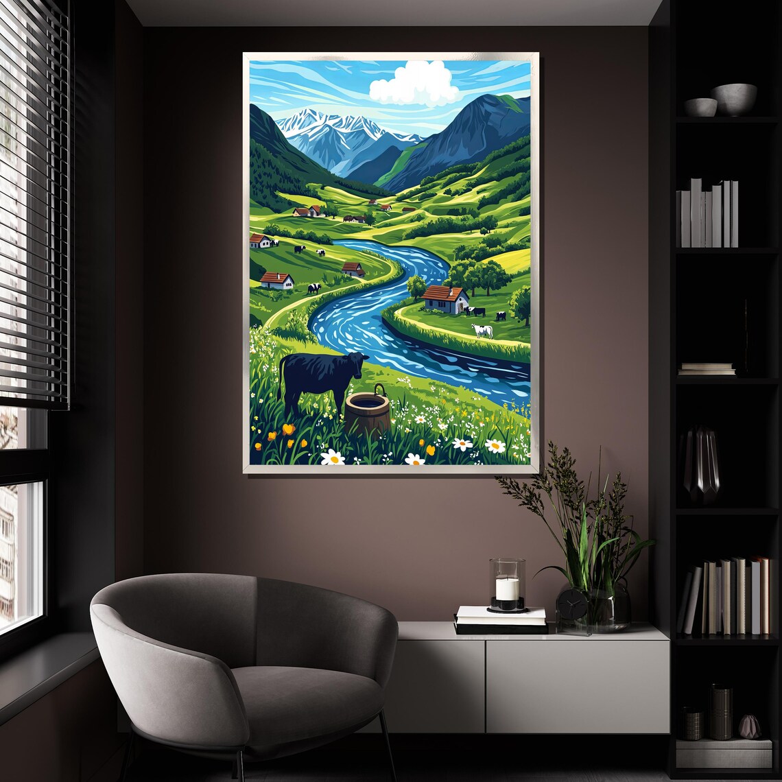 Alpine Valley River Farmhouses Cows Snowy Peaks Colorful Poster - Image 4