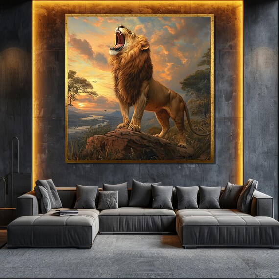 Roaring Lion On Rock Sunset Savanna Majestic Wildlife Poster