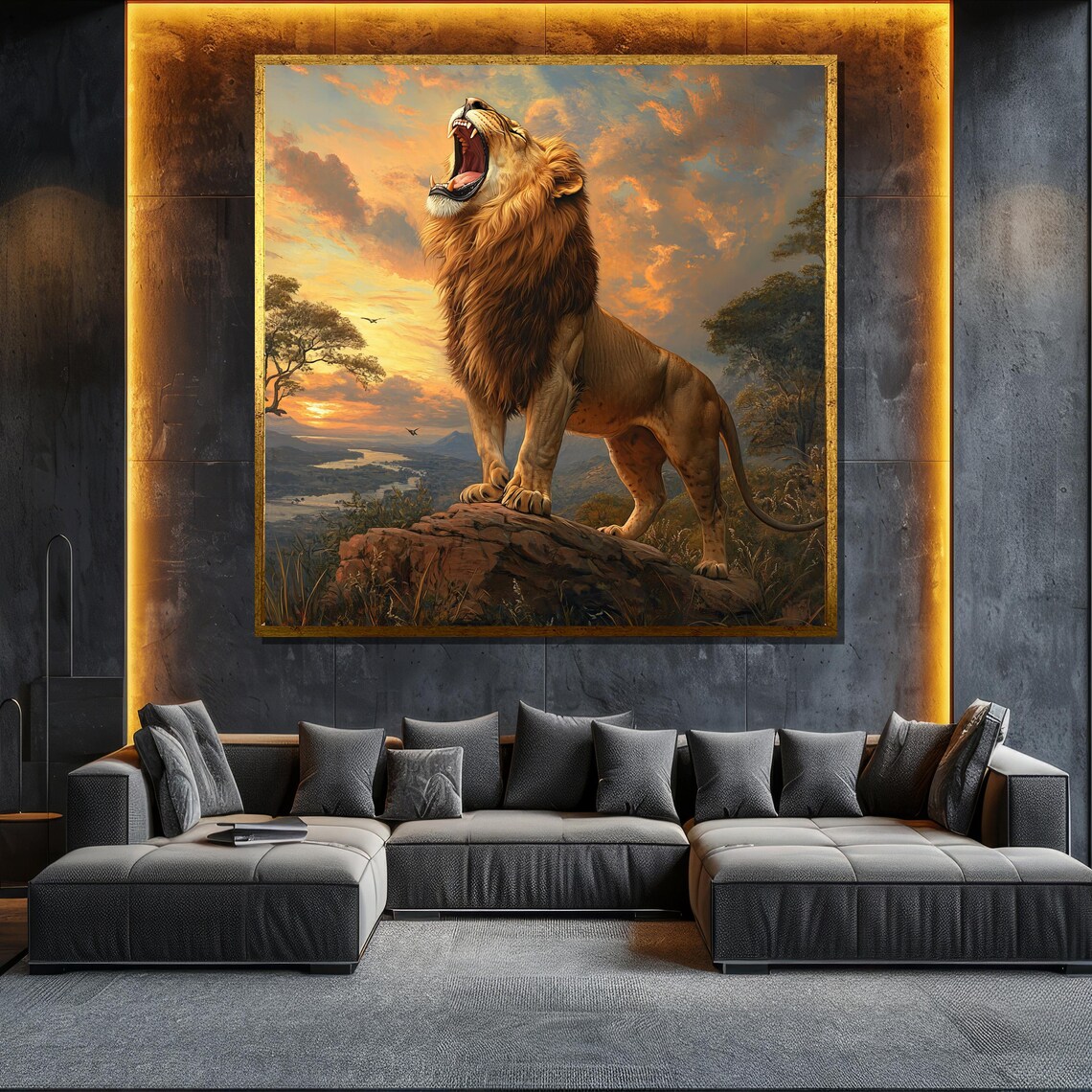 Roaring Lion On Rock Sunset Savanna Majestic Wildlife Poster