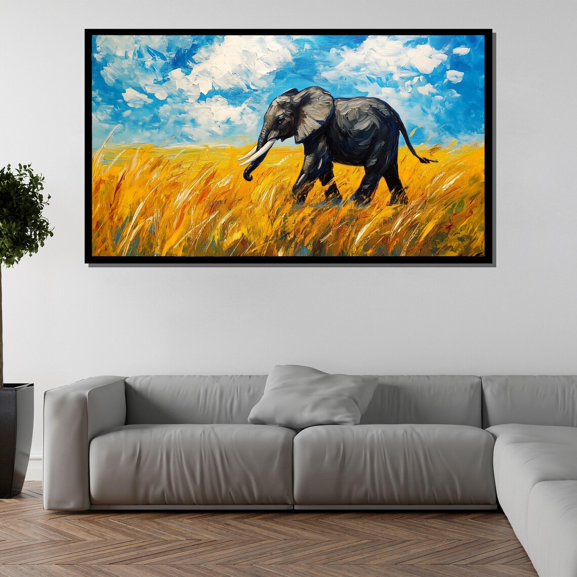 African Elephant Golden Savanna Grass Bright Blue Sky Safari Art Poster - Image 5