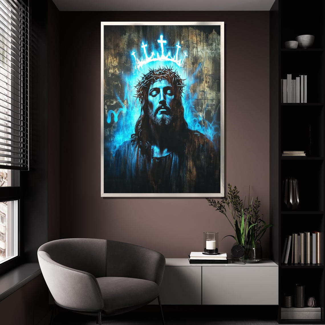 Jesus Crown Of Thorns Blue Neon Spiritual Portrait Wall Art Poster - Image 4