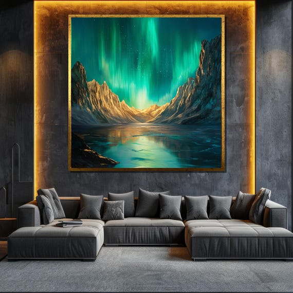 Northern Lights Painting Aurora Borealis Wall Art Mountain And Lake Landscape Nature Home Decor Unique Gift
