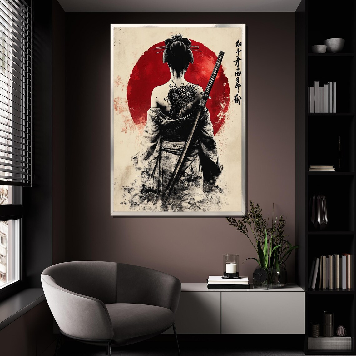 Samurai Woman Japanese Ink Art Red Sun Poster - Image 4
