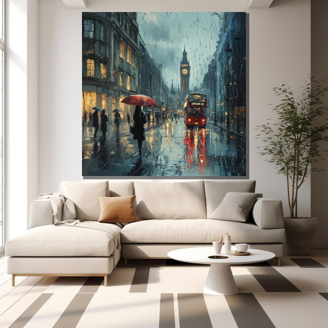 London Rainy Street Big Ben Red Bus Red Umbrella Romantic City Poster - Image 2