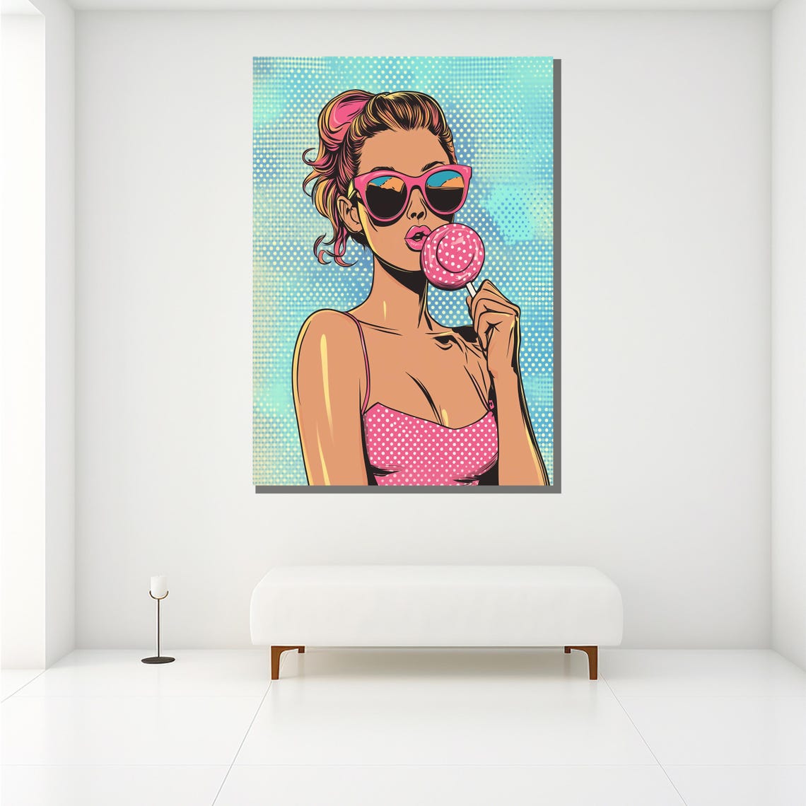 Pop Art Woman Pink Sunglasses Lollipop Retro Colorful Wall Art Poster - Image 2