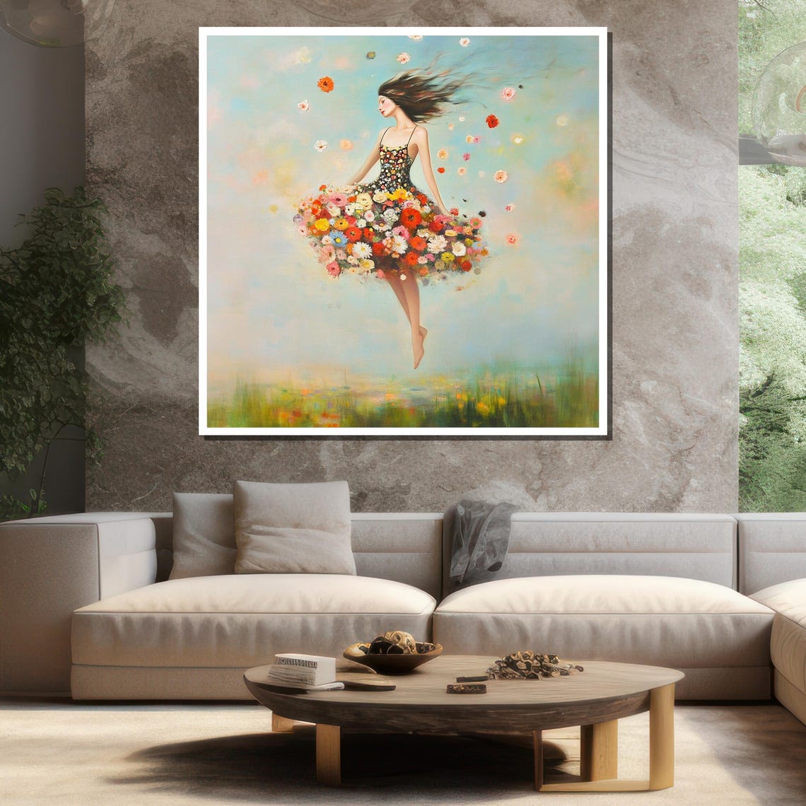 Surrealist Painting Of Woman In Flower Dress Unique Wall Art For Living Room Modern Abstract Art Gift - Image 3