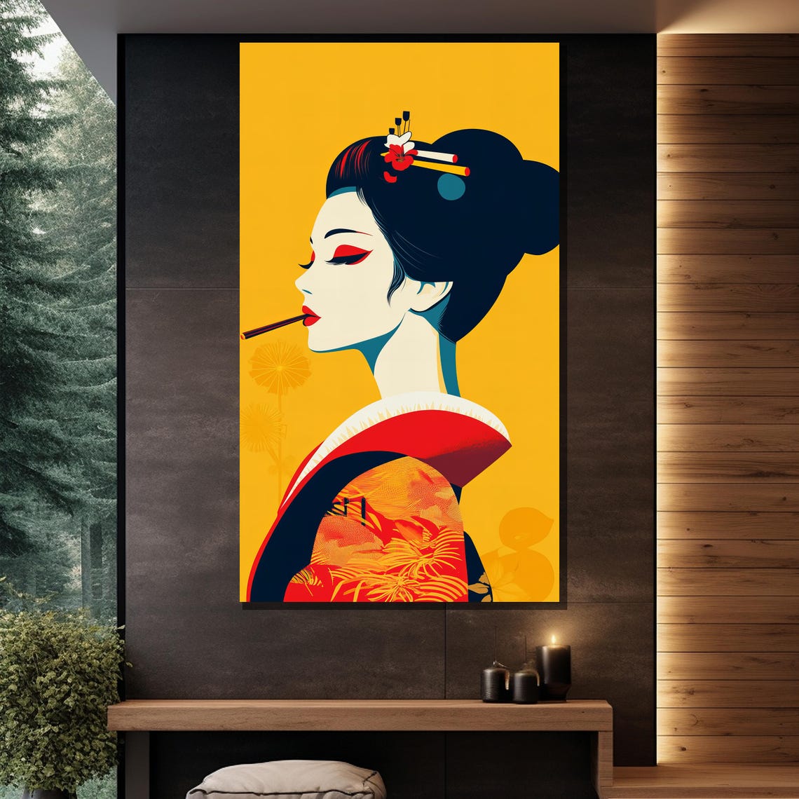 Modern Geisha Portrait On Mustard Yellow Bold Graphic Art Poster - Image 2