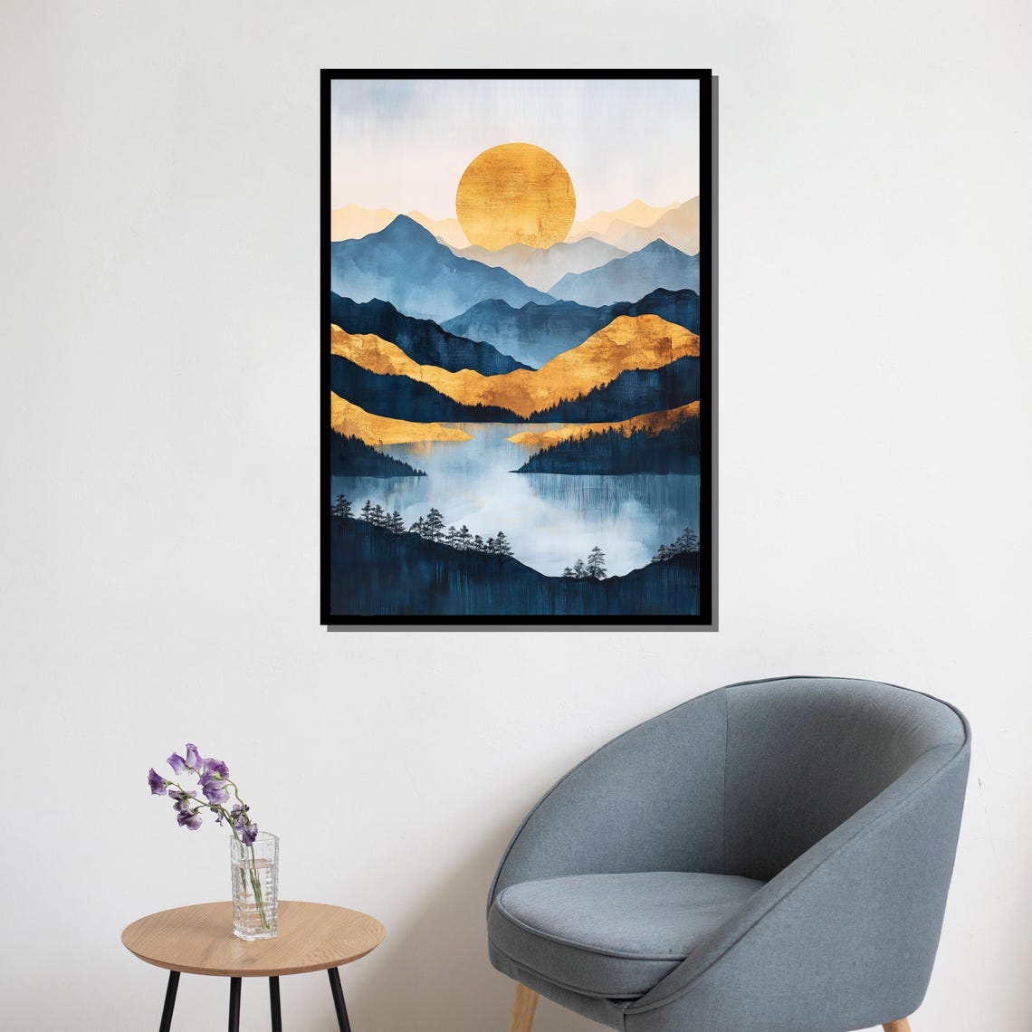 Golden Sun Over Blue Mountain Lake Reflection Minimalist Nature Poster - Image 5