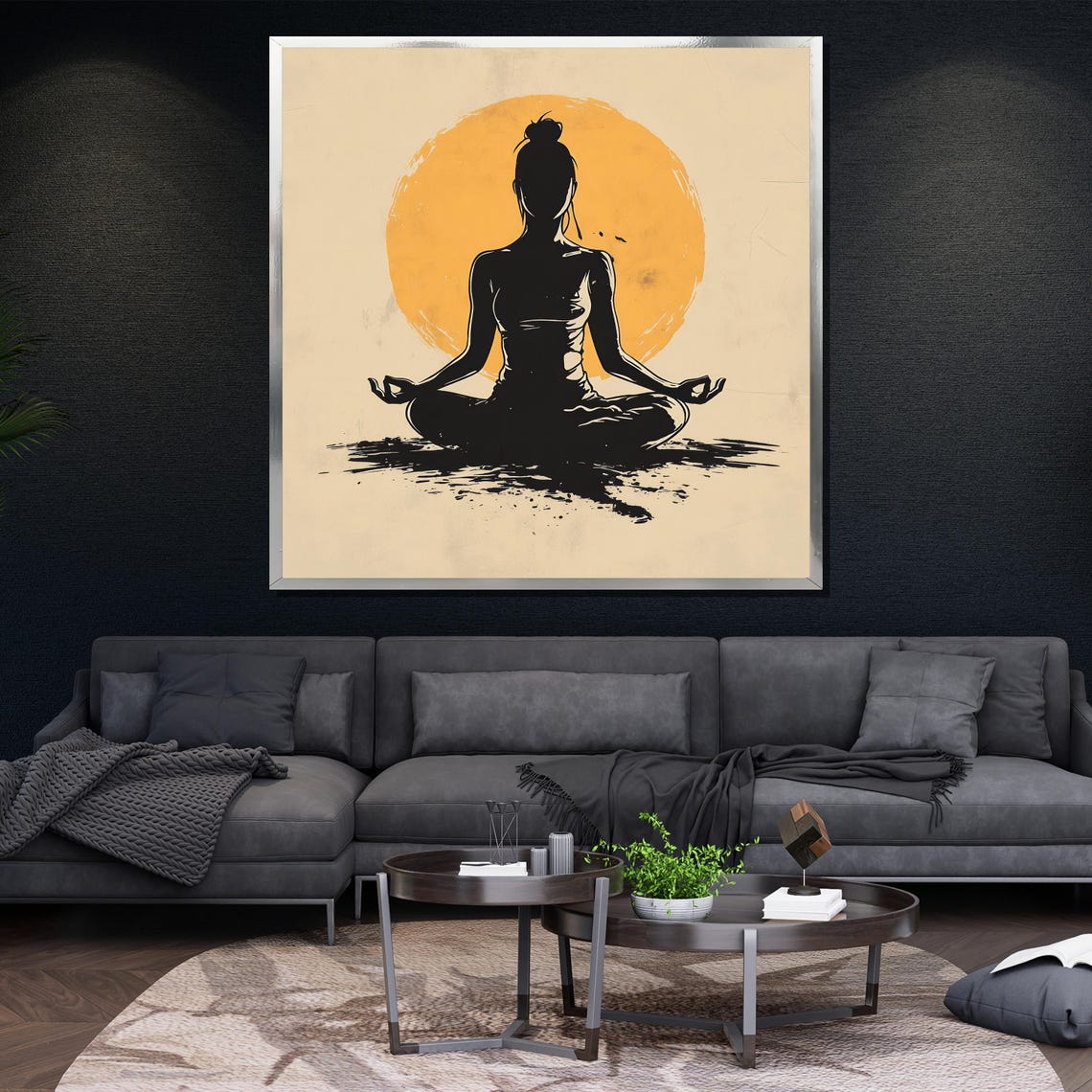 Woman Meditating Yoga Pose Silhouette With Orange Sun Wall Poster - Image 4