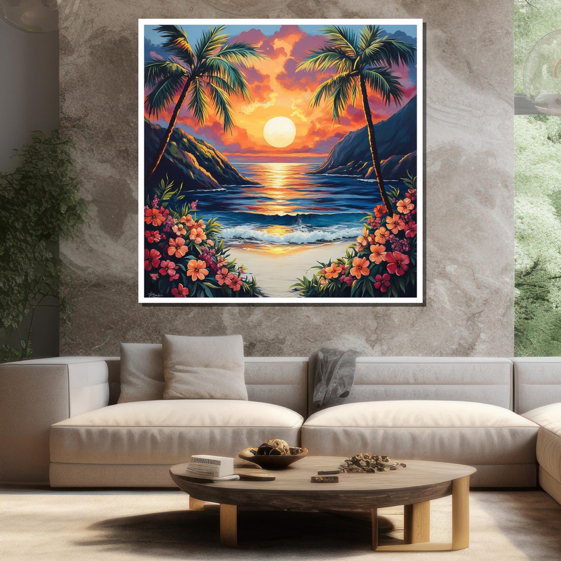 Tropical Sunset Cove Palm Framed Ocean Cliffs Hibiscus Paradise Poster - Image 3