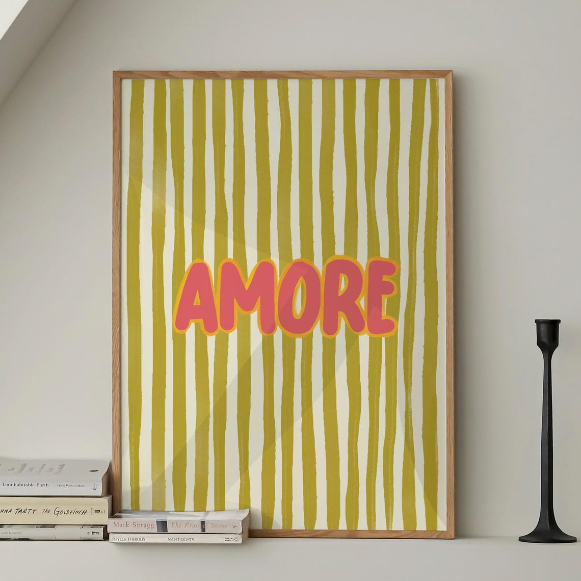 Amore Pink Bubble Letters On Green Striped Retro Word Poster