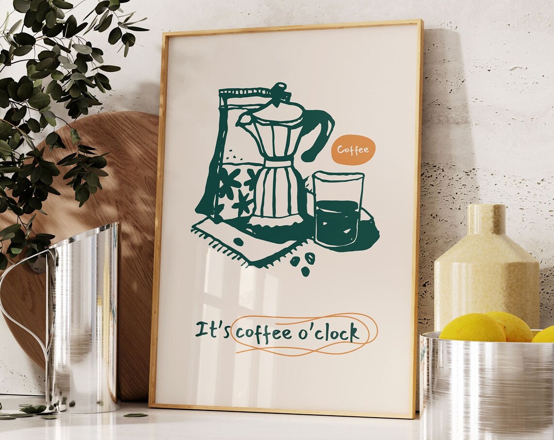 It's Coffee O'Clock Moka Pot Coffee Kitchen Illustration Art Poster