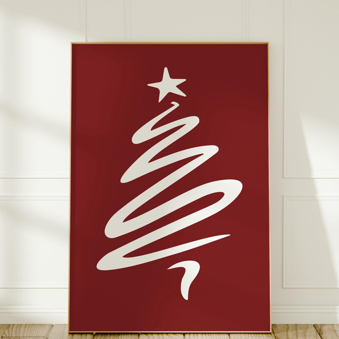 Minimalist Red Spiral Christmas Tree White Star Line Art Poster