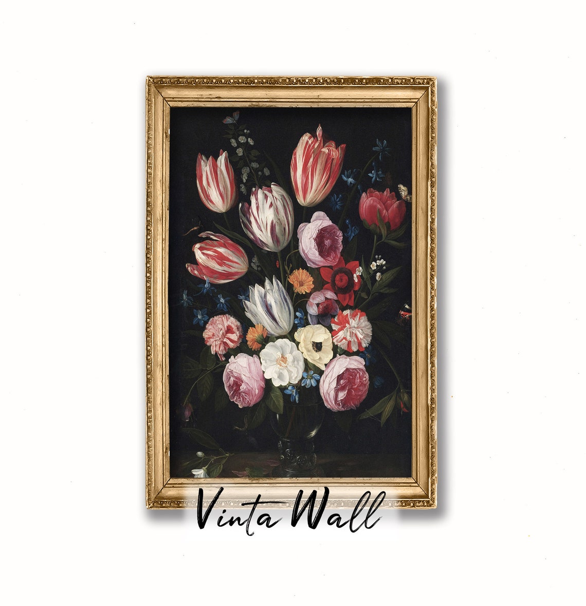 Dutch Master Style Tulip and Rose Bouquet on Dark Ground Poster - Image 3