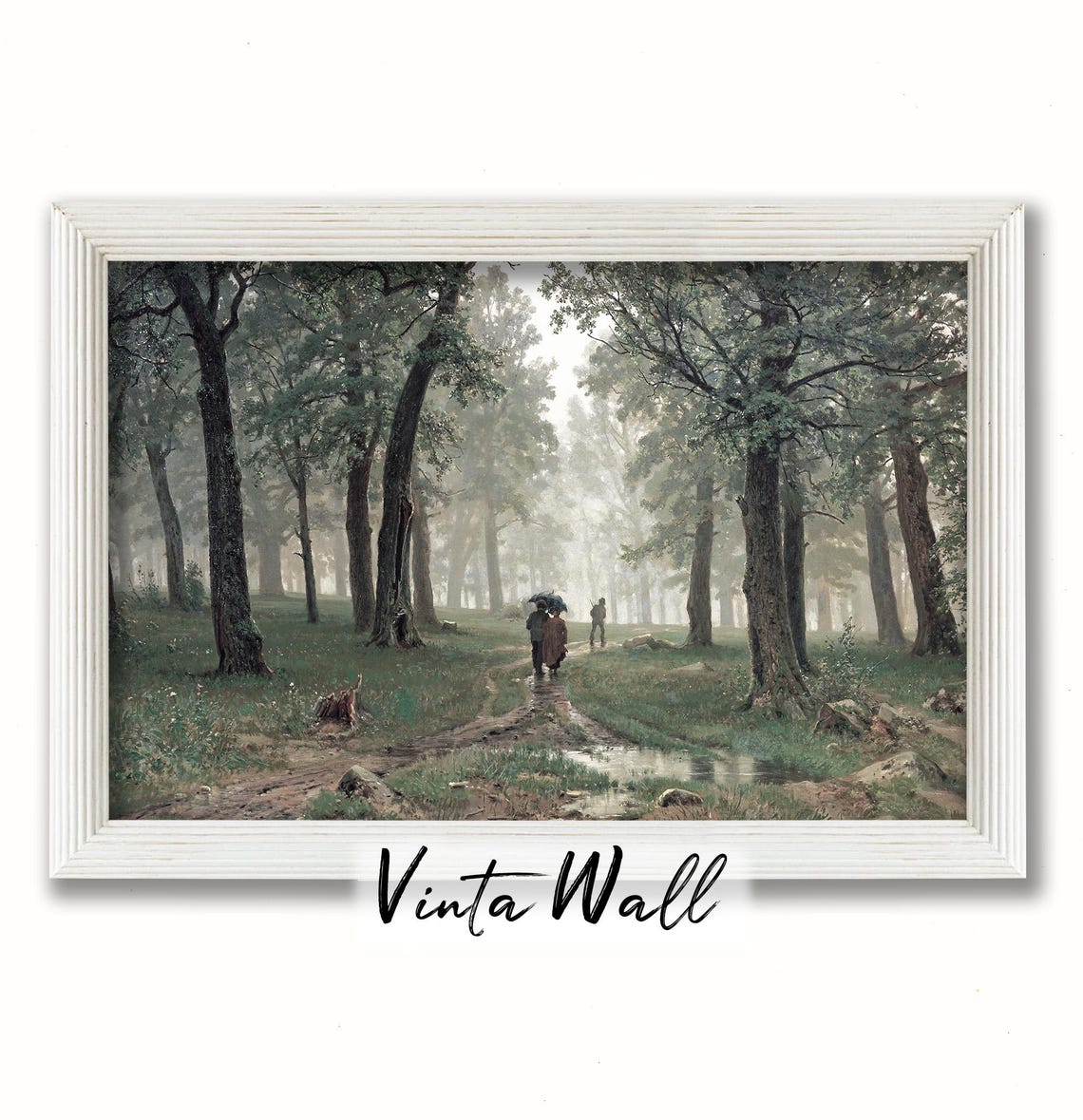 Misty Forest Path Umbrella Walkers Vintage Woodland Scene Poster - Image 2