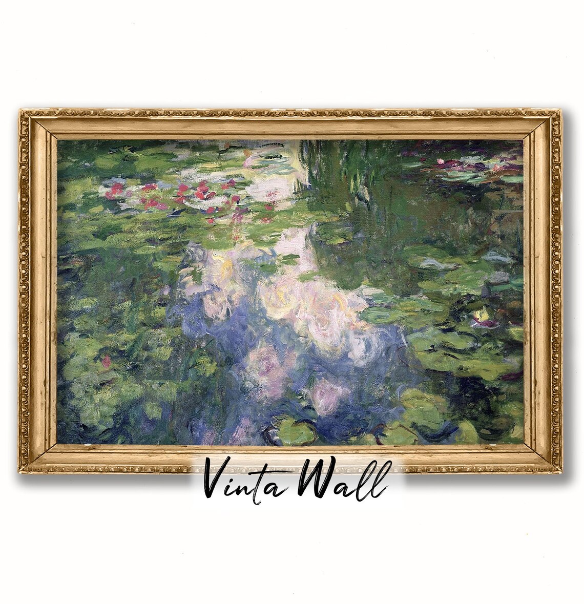Oil Painting Lake Flower Water Lily Vintage Landscape Print Art Country Lake River Warm Tones Rustic Home Wall Decor Antique Green - Image 4