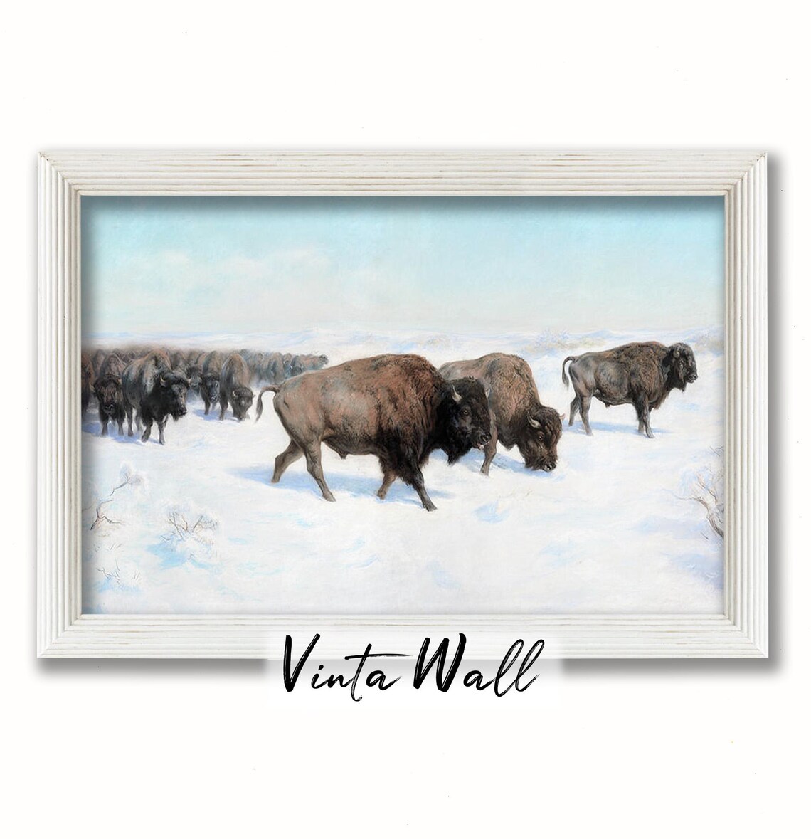 Bison Herd Snowy Prairie Vintage Wildlife Oil Painting Winter Poster - Image 4