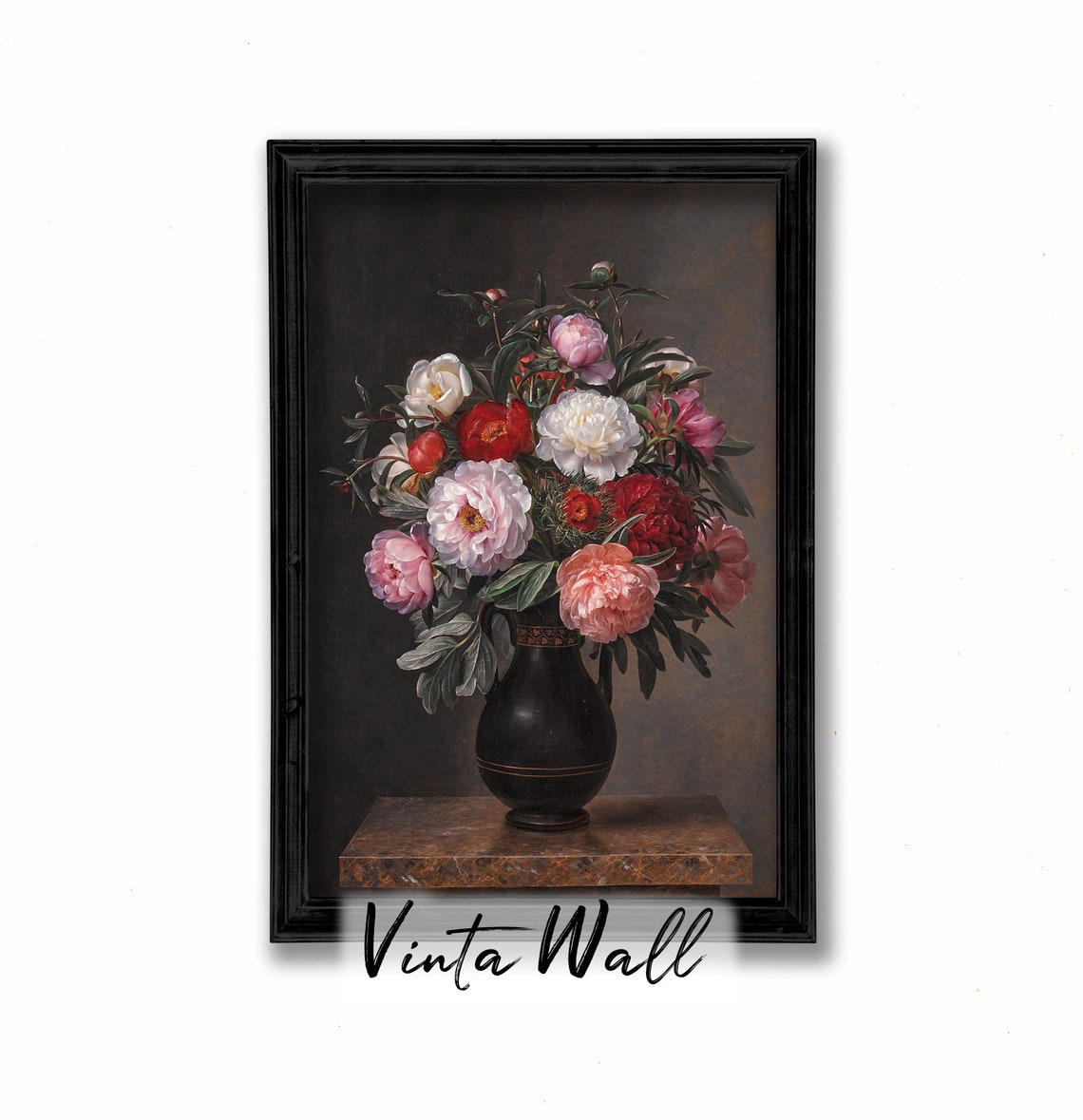 Peony Flower Print Still Life Oil Painting Dark Accademia Black Floral Vintage Art Pink Botanical Moody Home Wall Decor Farmhouse - Image 2