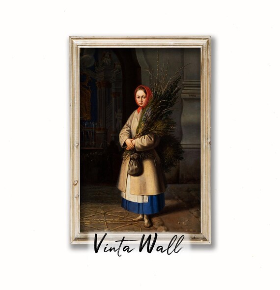Peasant Girl Red Headscarf Bundle Twigs Church Porch Vintage Poster