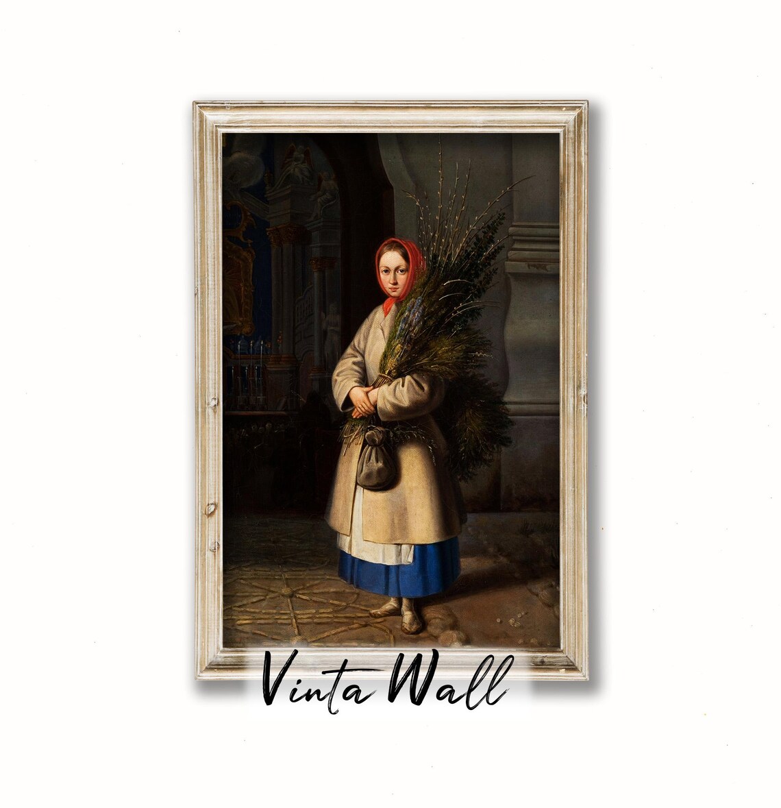 Peasant Girl Red Headscarf Bundle Twigs Church Porch Vintage Poster