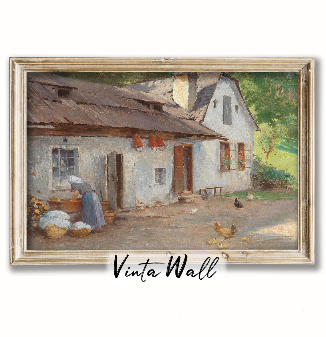 Farmhouse Yard Woman Washing at Trough Hen and Chicks Vintage Country Poster