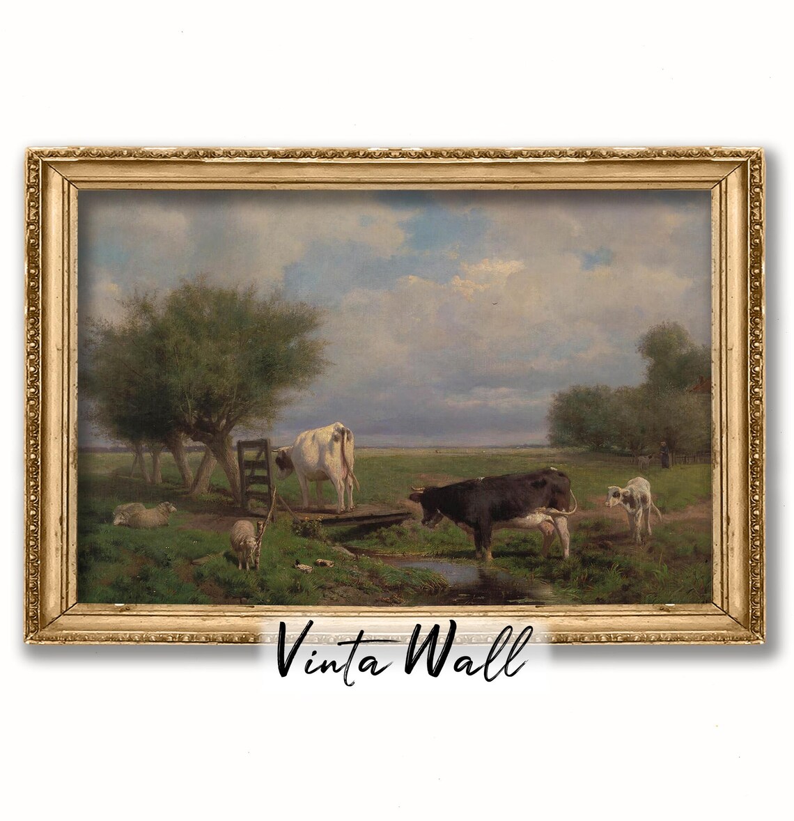 Cows and Calf Drinking at Pasture Stream Vintage Farm Animal Oil Painting Poster - Image 4