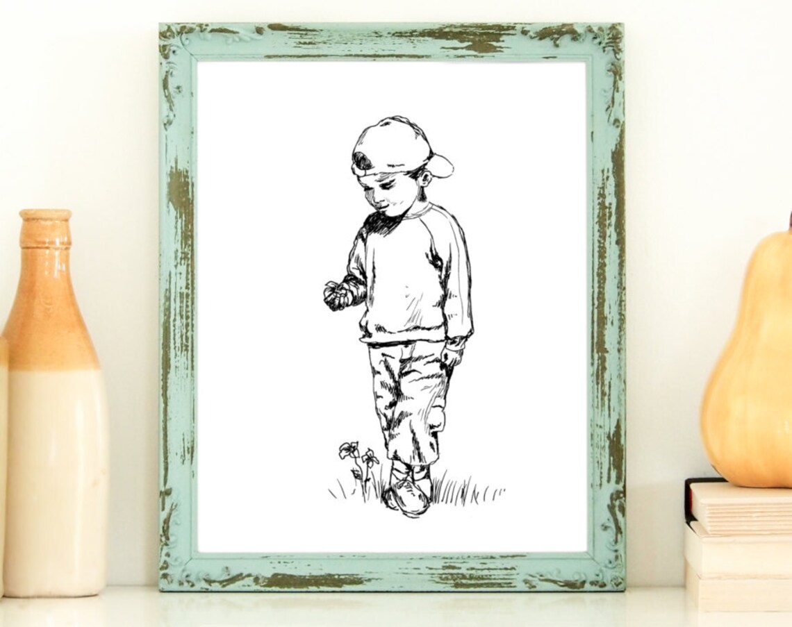 Little Boy in Cap Walking Ink Sketch Black and White Nursery Poster - Image 3