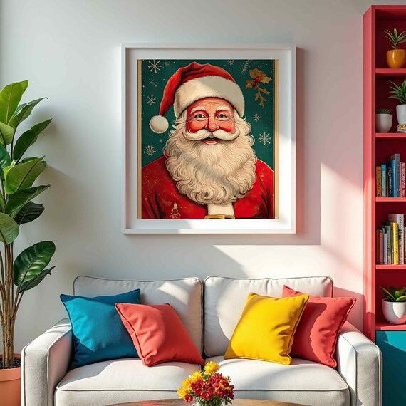 Vintage Santa Claus Portrait Teal Snowflake Christmas Wall Poster