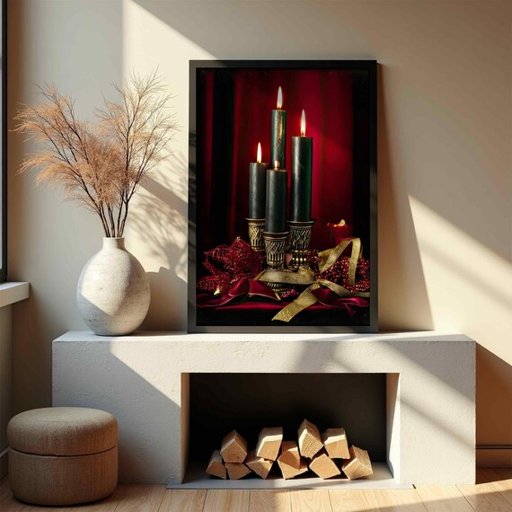 Dark Green Candles Gold Holders Red Velvet Gothic Wall Poster