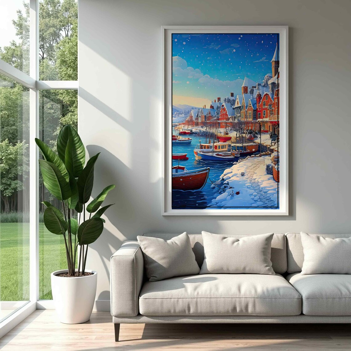 Winter Harbor Red Boats Snowy Colorful Waterfront Christmas Wall Art