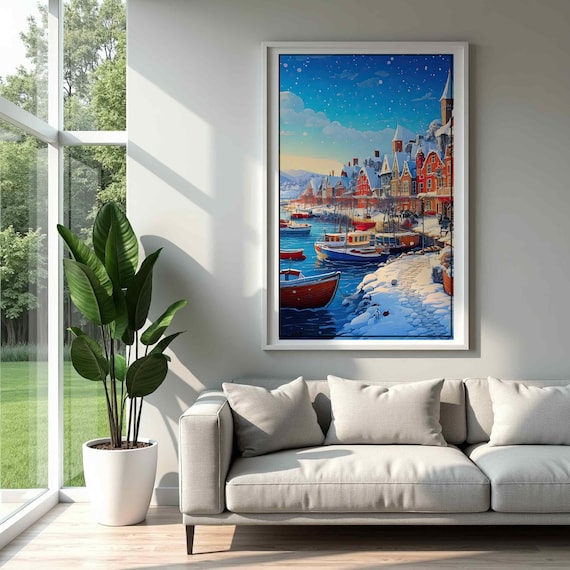 Winter Harbor Red Boats Snowy Colorful Waterfront Christmas Wall Art