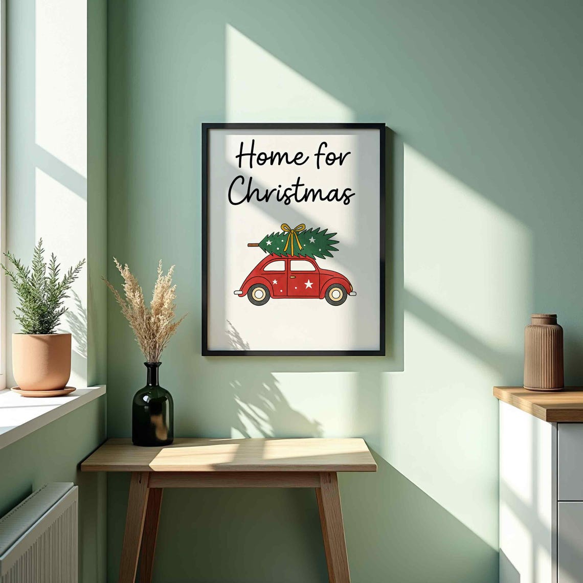 Home for Christmas Red Retro Beetle Car Tree Holiday Poster Art