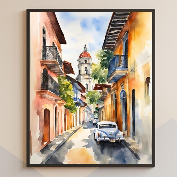 Casco Viejo Antiguo Watercolor Painting Print Panama Columbia American Gift Colonial Town Art Abstract Church Bell Tower Old Car Poster