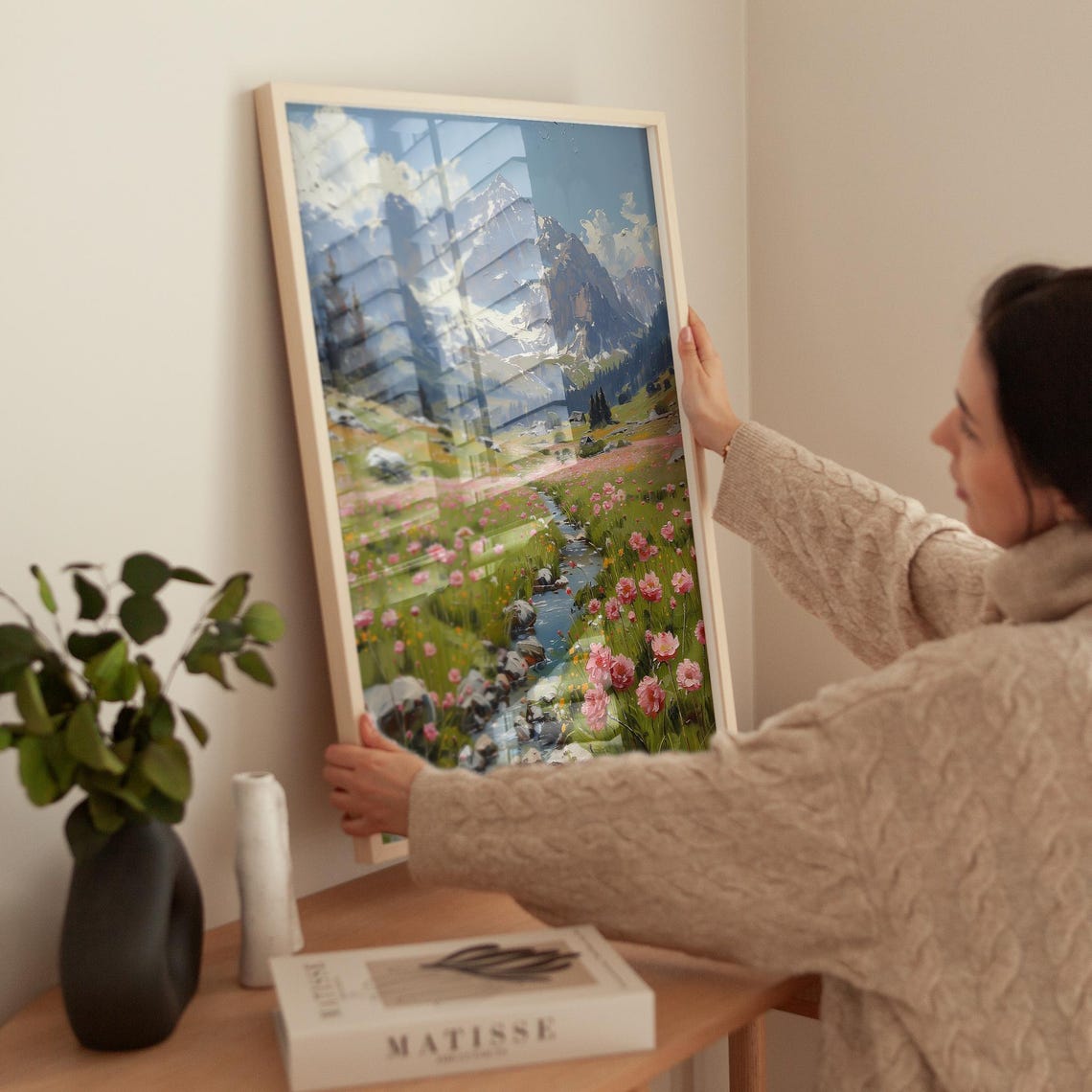 Spring Meadow Vintage Landscape, Mountain View Art Print - Image 3