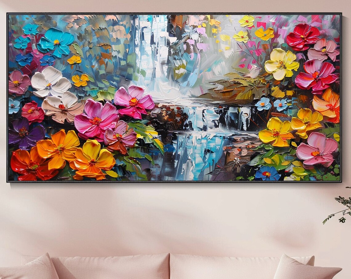 Waterfall Landscape Oil Painting, Boho Wall Art Print