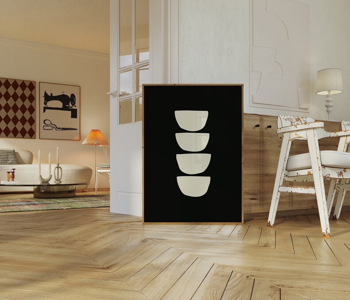 Black and White Stacked Bowls Minimal Abstract Bowl Art Poster - Image 2