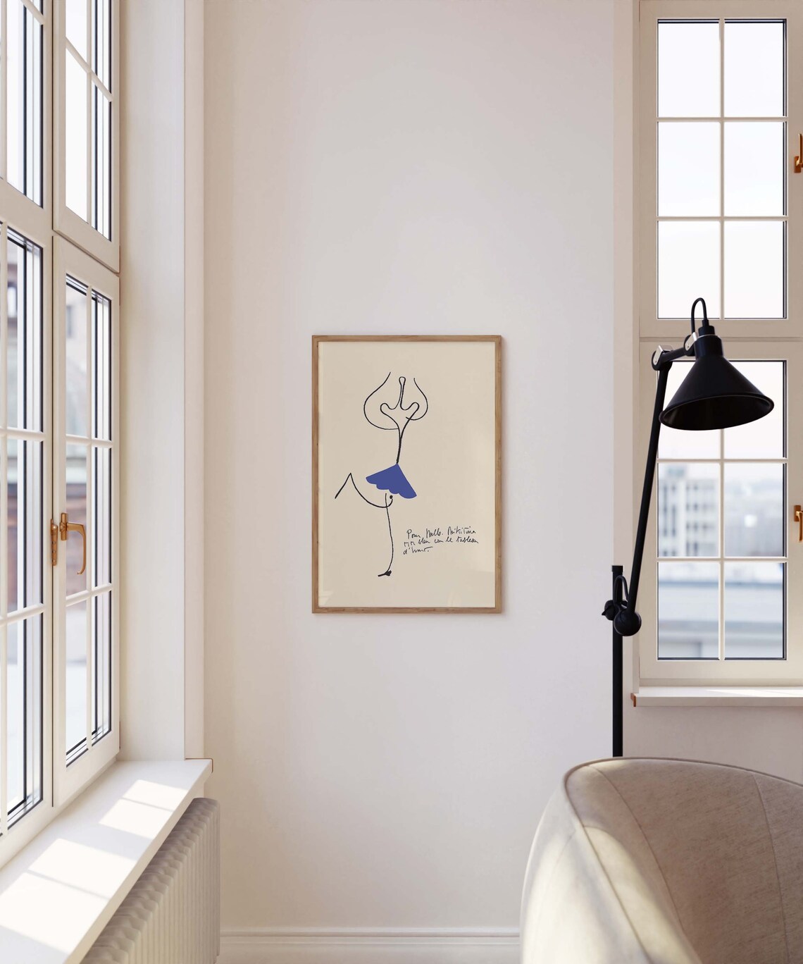 French Line Figure Blue Skirt Handwritten Dedication Exhibition Art Poster - Image 2