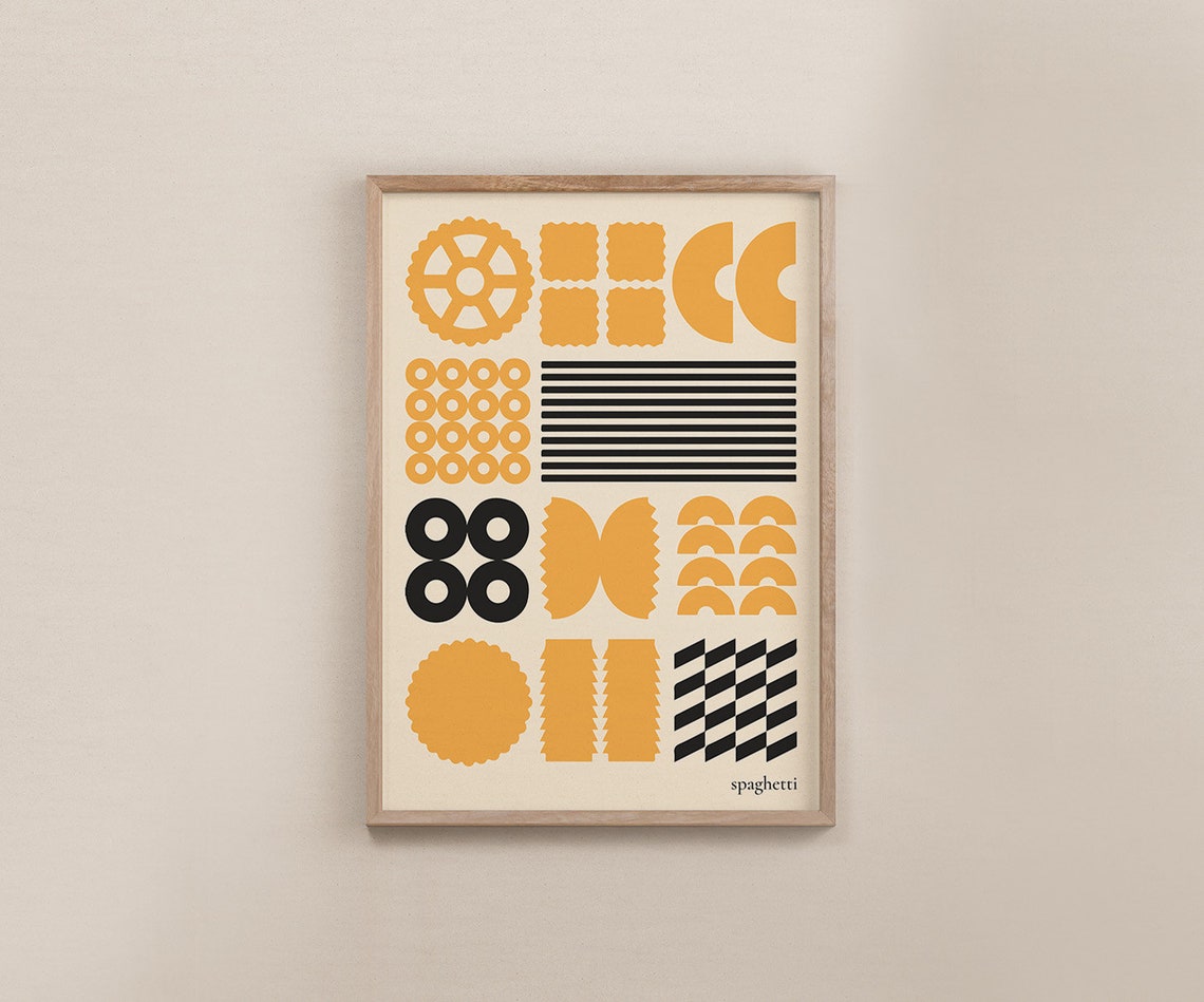 Mustard Yellow Pasta Shapes Chart Retro Italian Kitchen Poster Art - Image 3