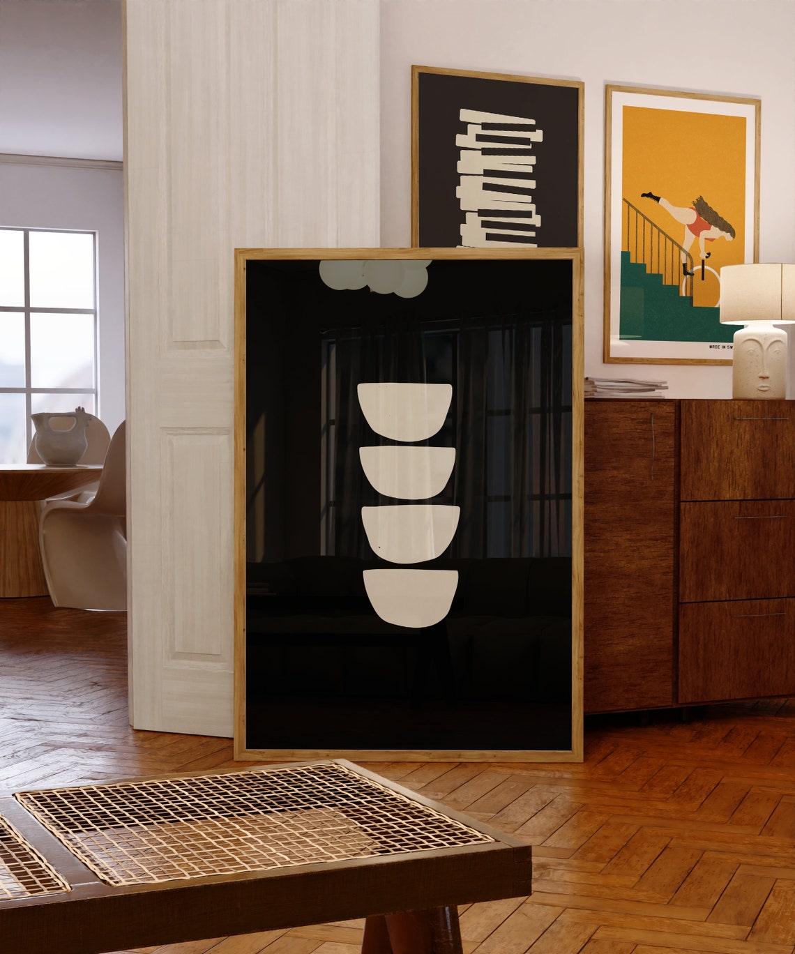 Black Abstract Stacked Bowls Mid Century Minimalist Gallery Wall Art - Image 2