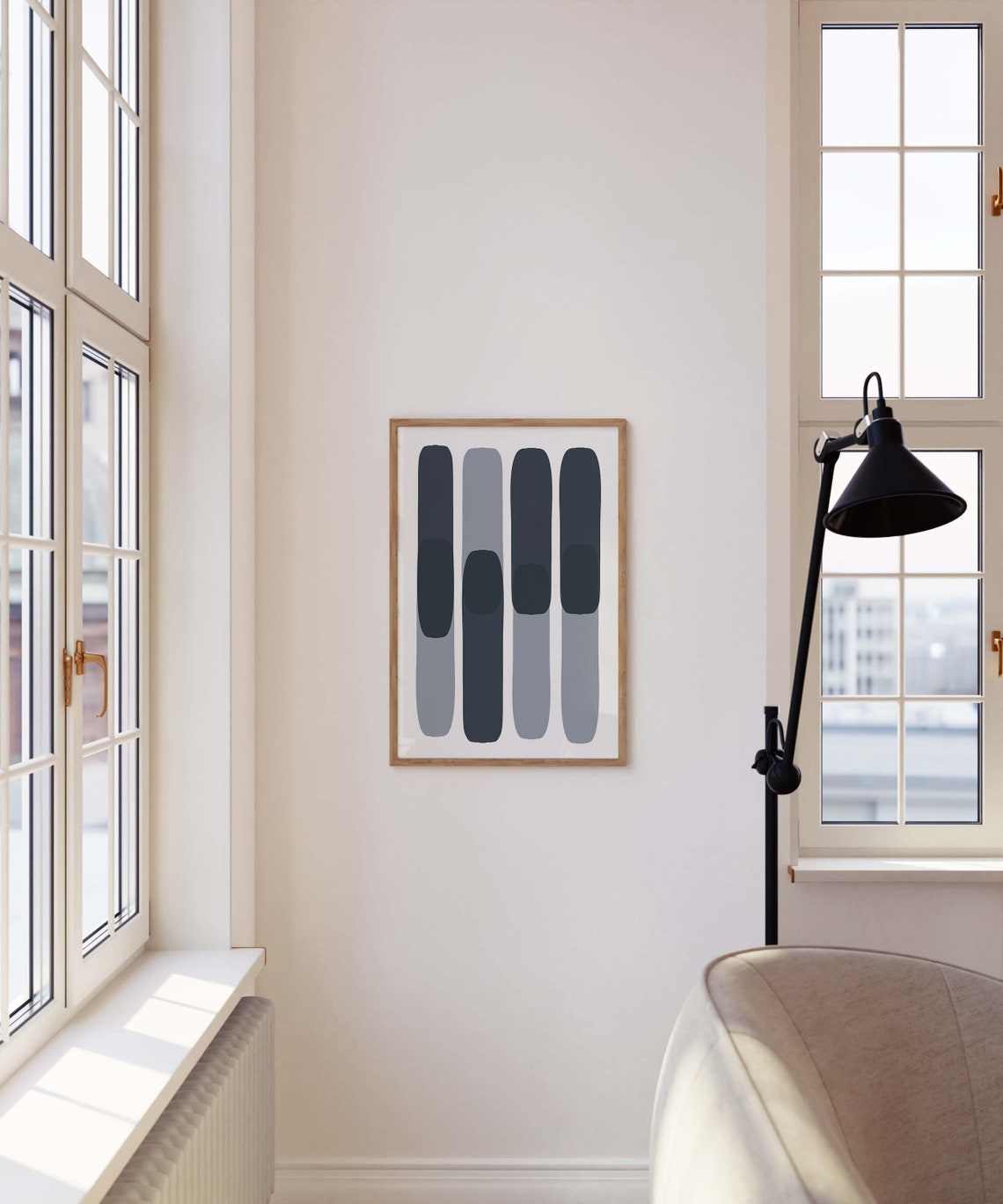 Navy Blue Grey Vertical Bars Minimalist Abstract Art Wall Print - Image 3