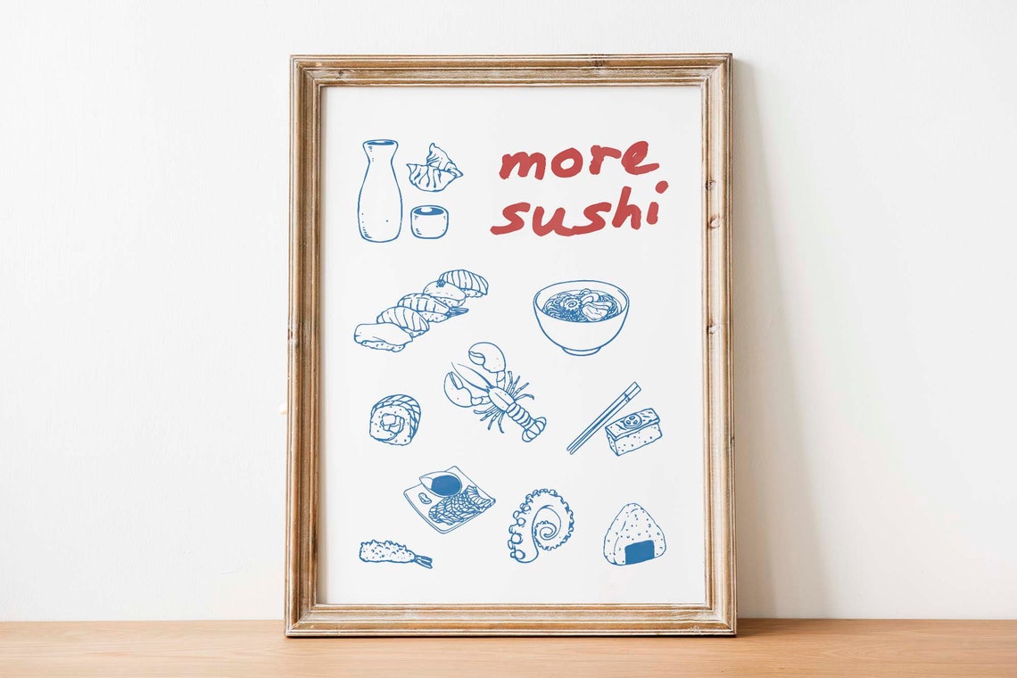 More Sushi Red Text Blue Japanese Food Line Art Kitchen Wall Poster - Image 2