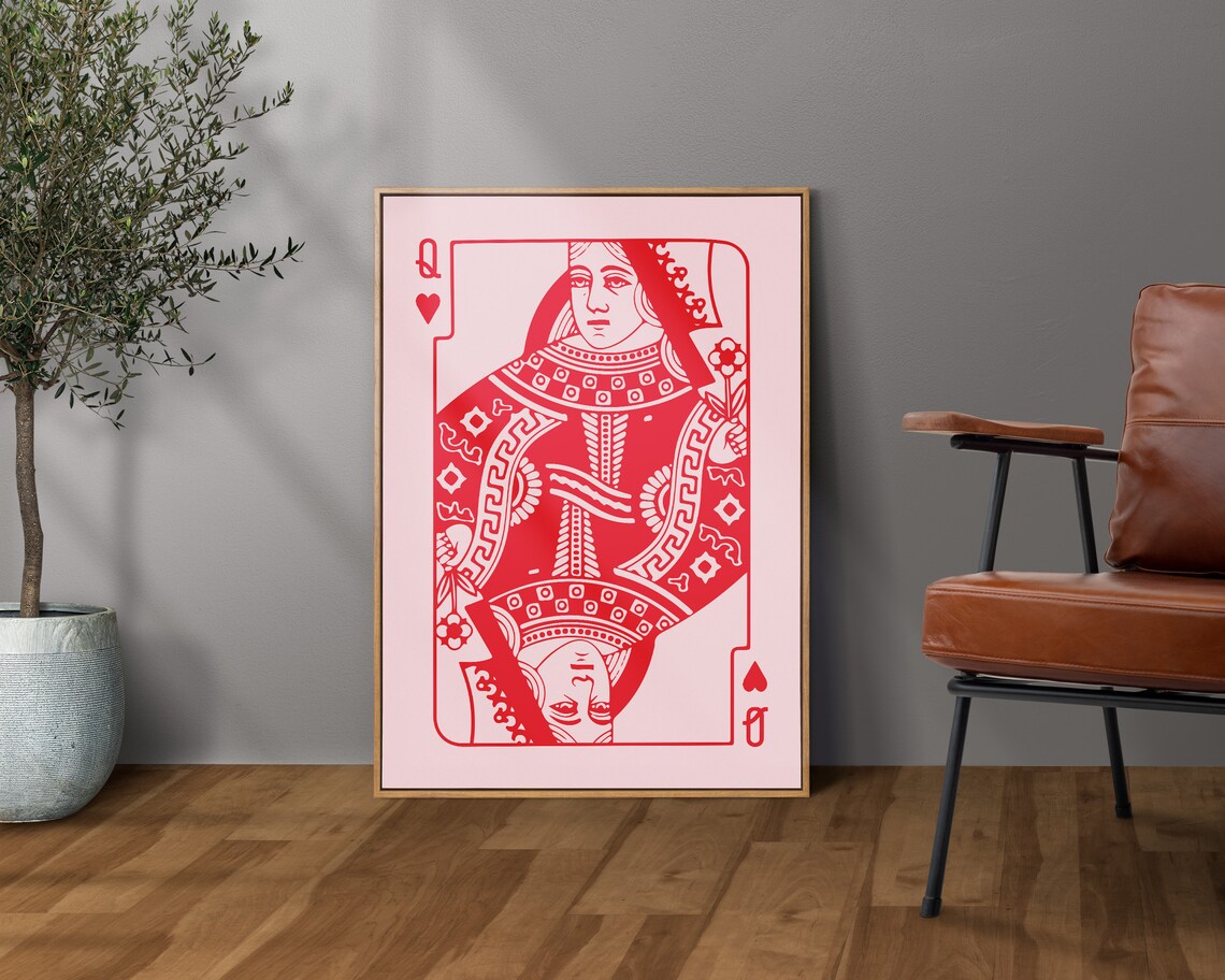 Queen of Hearts Pink Playing Card Red Line Art Card Pair Poster - Image 3