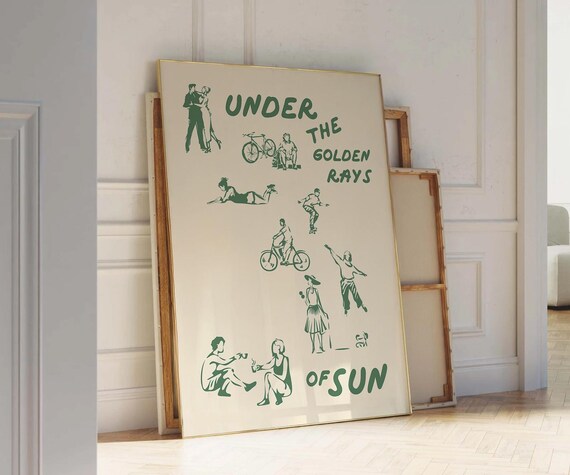Under The Golden Rays Of Sun Green Retro Illustration Art Poster