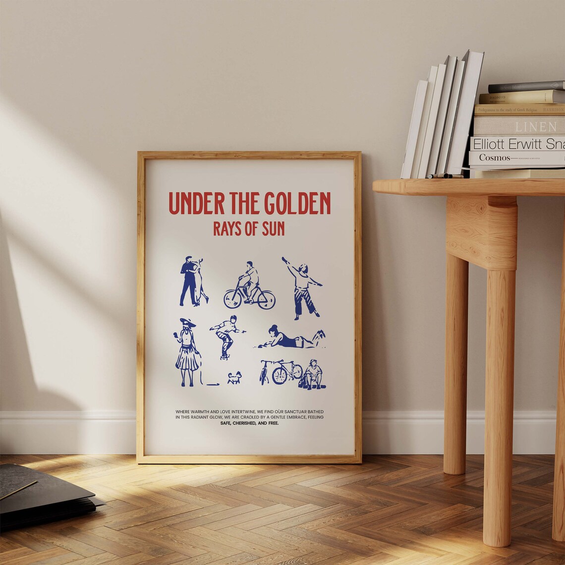 Under The Golden Rays Of Sun Red Text Blue Figures Quote Art Poster - Image 3