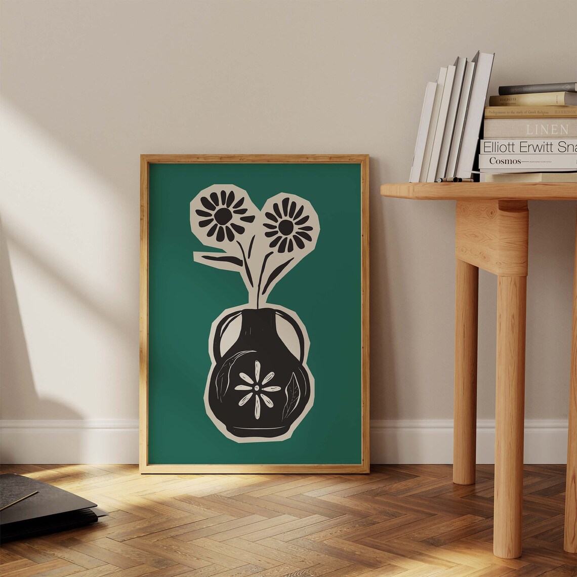 Green Botanical Vase with Daisies Abstract Floral Still Life Print - Image 2