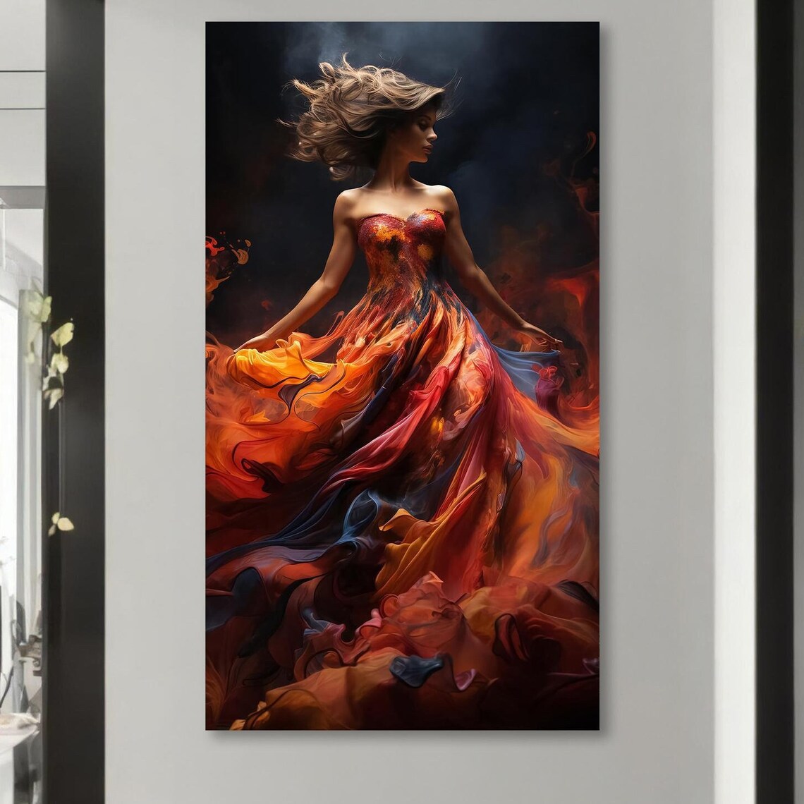 Fiery Woman In Flowing Dress, Dramatic Wall Art