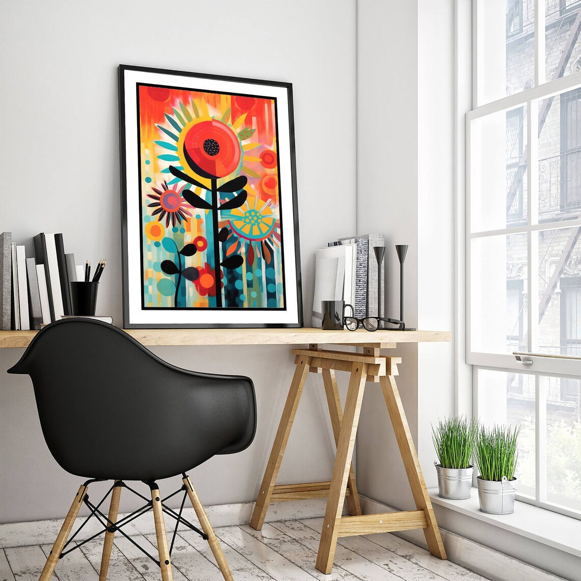Vibrant Abstract Poppy Flowers Red Orange Teal Modern Art Poster - Image 3