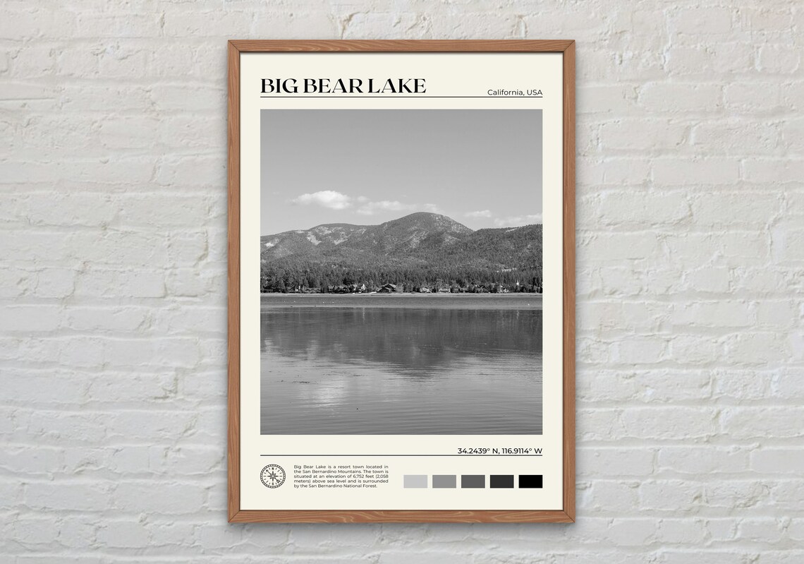 Big Bear Lake Mountain and Calm Water Black and White Photo Poster