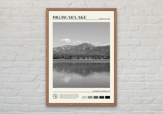 Big Bear Lake Mountain and Calm Water Black and White Photo Poster