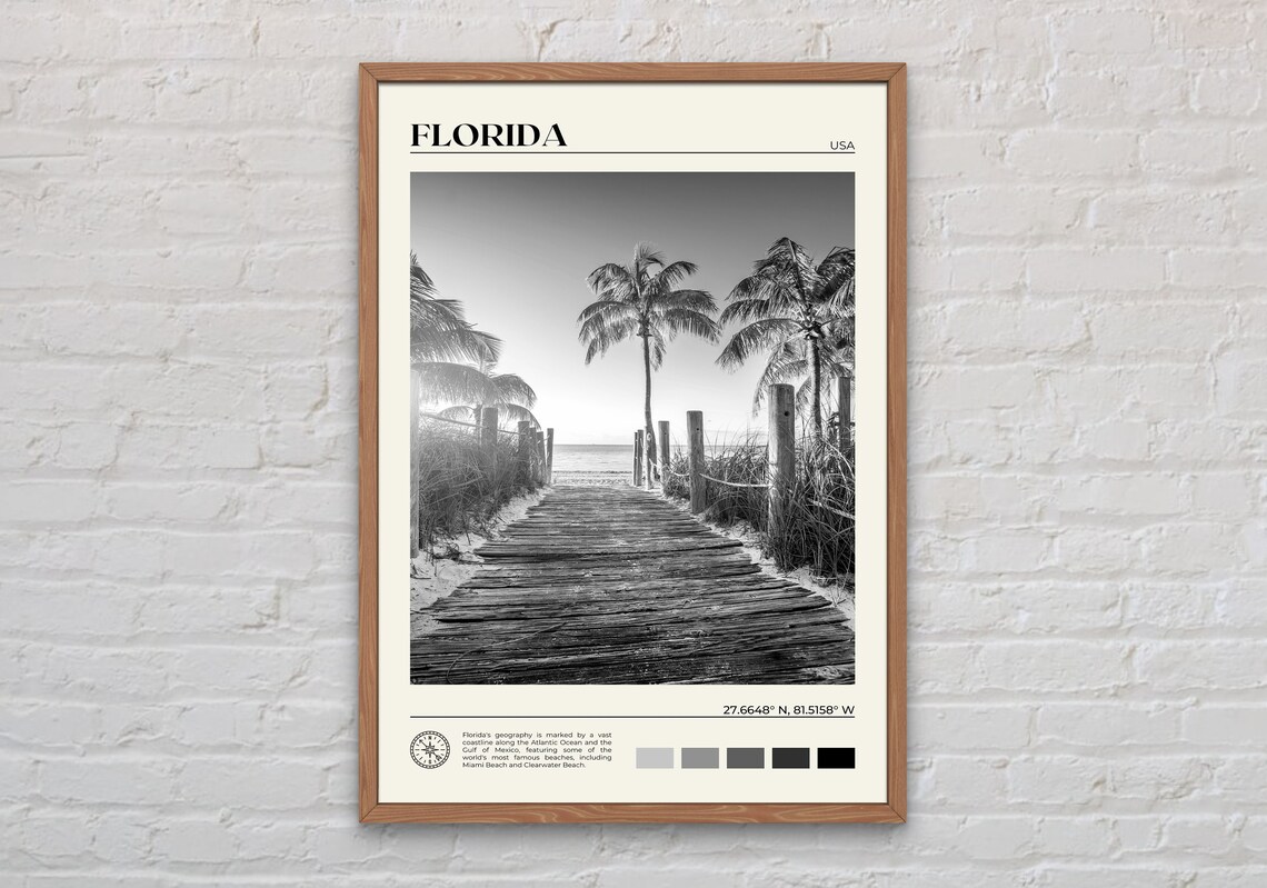 Black And White Florida Travel Poster, Wall Art Print